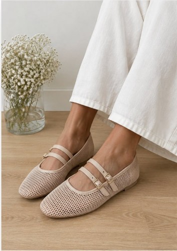 Beige ballet flats with strap - flats,